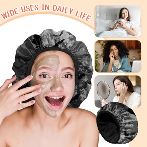Luxury Shower Cap Terry Lined Reusable Triple Layer Waterproof Hair Elastic Caps Shower Bath Hat for Women Girls Cute Aesthetic-Black Bat - color: AL12-Black Bat