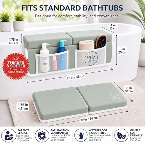 Comfortable Baby Bath Kneeler and Elbow Rest Pad Set, Non-Slip Bathtub Kneeling Pad for Bathing Baby, Bath Tub Cushion Mat, Elbow Pads, Toy Organizer Storage Pockets, Strong Suction Cups (Green Gray) - color: Green Gray