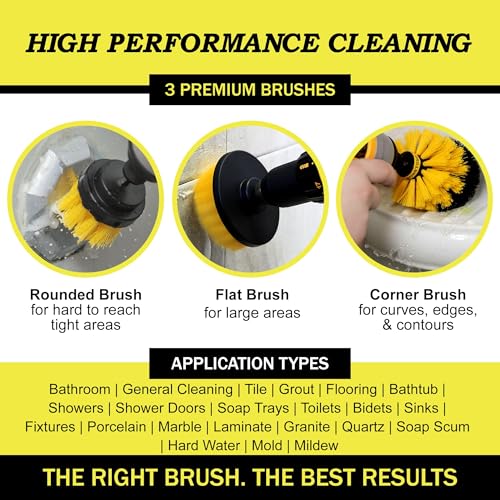 Drillbrush Drill Brush Attachment Set for Bathroom Cleaning – Power Scrubber Brush Kit for Tub, Tile, Shower, and Grout – All-Purpose Household Cleaning Brushes for Drill - Electric Grout Cleaner Kit - color: All Purpose Medium Yellow, size: 2in, 4in, 3.5