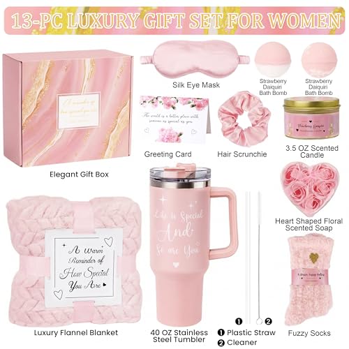 Mothers Day & Birthday Gifts for Women - Tova's Creations 13-Piece Strawberry Daiquiri Spa Gift Basket with 40 OZ Tumbler & Luxury Flannel Blanket for Mom, Wife, Grandma - color: Pink