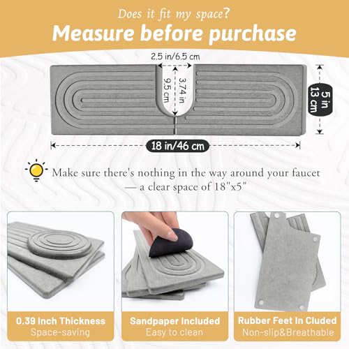 Stone Faucet Mat For Kitchen Sink, 18" Diatomite Fast Drying Stone Kitchen Sink Mat, Super Absorbent, Sink Stone Quick Dry Around Faucet, Stone Sink Splash Guard For Bathroom, Zen Gift, Light Grey - size: 18" x 5"