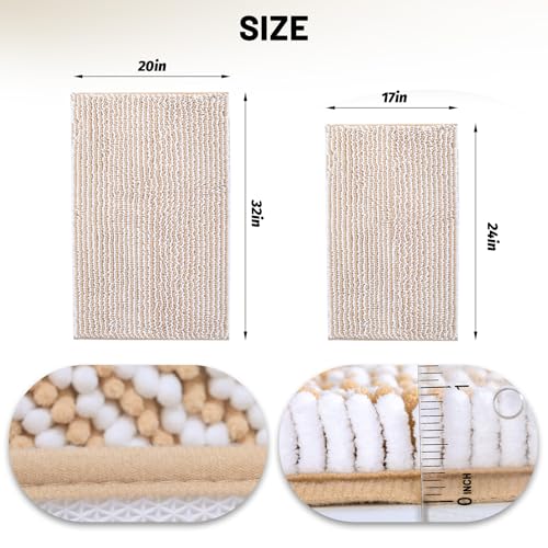 Chenille Bathroom Rugs Set 2 Piece, Absorbent Bath Rugs, Non-Slip Bath Mats, Machine Washable Rugs for Bathroom Floor, Tub and Shower, Champagne&White (20 × 32 Plus 17 ×24 - Inch) - color: Champagne &White