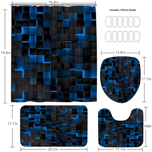 LQCOOL 4 Pcs Blue Shower Curtain Set with Rugs, 3D Cubes Modern Bathroom Set, Black Blue Polyester Shower Curtains for Bathroom with 12 Hooks, Toilet Lid Cover & U-Shaped Mat - color: Black Blue