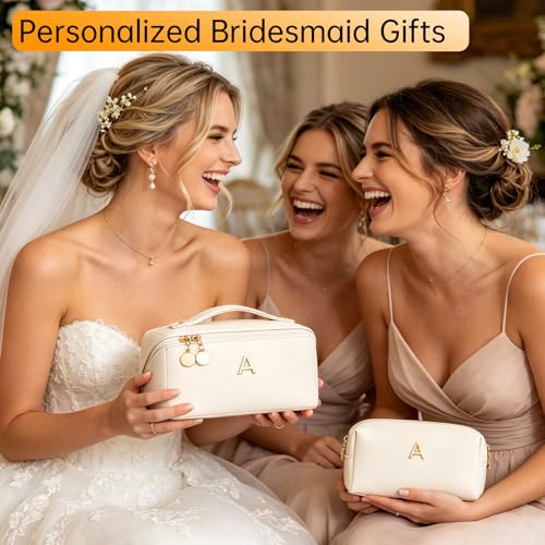 Birthday Gifts for Women Teen Girl, Personalized Initial Makeup Organizer Bag Set, Open Flat Travel Cosmetic Bag With Clear Divider and Handle(Beige,A) - color: Beige, style: A