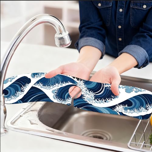 2 Pcs The Ocean Kitchen Sink Splash Guard Faucet Mat The Waves Faucet Mat for Sinks Absorbing Drying Mats for Kitchen Bathroom, 23.6x5.5inch - color: Waves Pattern