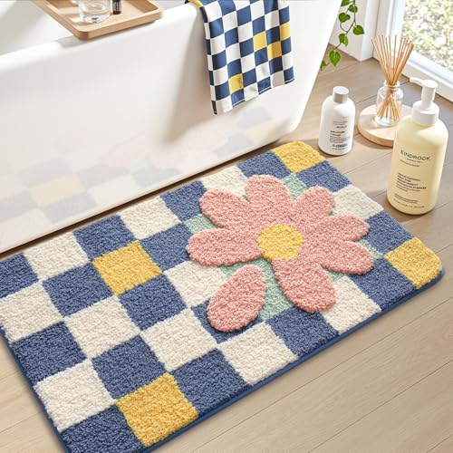 LUMI Bathroom Rug 16x24, Soft Absorbent Microfiber Bath Mats, Machine Washable Bath Rugs with Non-Slip Backing, Checkered Design Floor Mat for Bathroom, Shower and Bathtub Floor, Grid Flower - color: Grid Flower, size: 16"x24"
