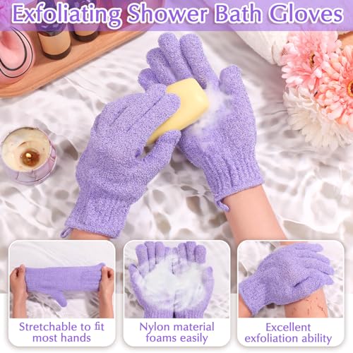 Anezus Exfoliating Back Scrubber Bath Gloves Set, Exfoliating Shower Towel with Shower Gloves for Body Scrub, Back Cleaner Wash Gloves to Remove Dead Skin (Purple) - color: Purple