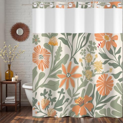 Floral No Hook Shower Curtain and Liner Set 71 x 74 Inch | Boho Sage Green and Orange Flower, Waterproof Bath Curtain for Modern and Matisse Bathroom, Hotel Decor, Breathable Mesh Top - color: Green and Orange