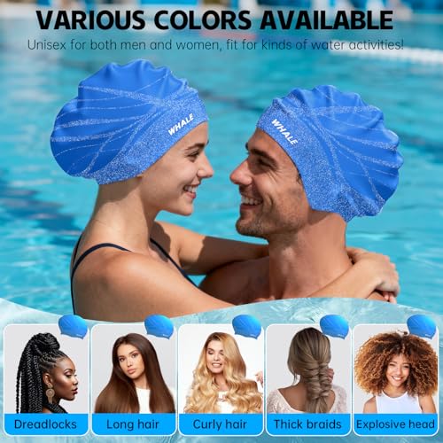 WHALE Extra Large Swim Cap Designed for Men and Women with Thick, Long Hair, Hair Extensions Or Afro-Textured Hair Long-Hair Swim Cap Highly Waterproof to Keep Hair Dry - color: Silver-blue