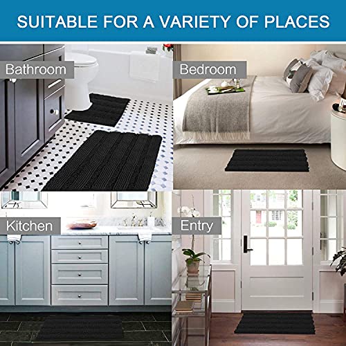 H.VERSAILTEX 3 Piece Bathroom Rugs Sets Thick Striped Bath Rugs Set for Bathroom Non Slip Soft Absorbent Bath Mat Set for Tub, Shower and Toilet(17''x24''+20''x32''+20''x24'' U-Shaped, Jet Black) - color: Jet Black