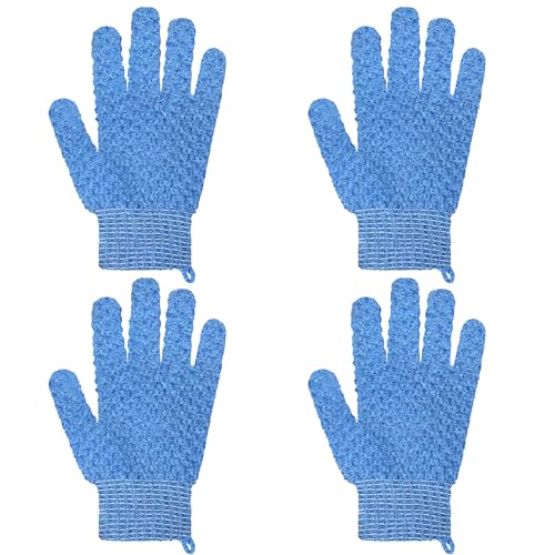 Exfoliating Bath Gloves 2 Pairs - Heavy Texture Body Scrub Gloves for Shower, Spa, Massage and Body Scrubs, Dead Skin Remover, Washing Gloves with Hanging Loop(Blue) - color: Blue