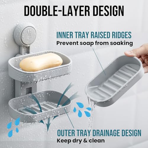 TAILI Soap Holder Soap Dish for Shower, Suction Cup Soap Holder for Shower Wall, Bathroom Accessories, Removable Strong Hold Soap Saver, Drill Free, Grey 2 Layer - color: Grey, size: 2 Tier
