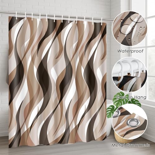 Brown Shower Curtain Set with Toilet Lid Cover and Non-Slip Rugs for Bathroom, Geometric Lines Ombre 4 Pcs Shower Curtain, Simple Abstract Modern Bathroom Set with 12 Hooks - color: Geometric Lines Brown