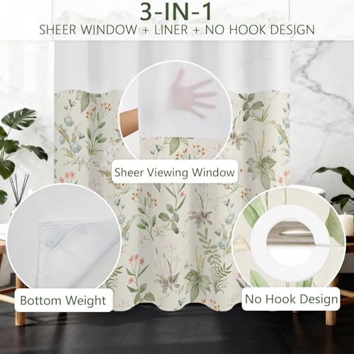 No Hook Shower Curtain with Snap in Fabric Liner Set, Waterproof & Washable, Boho Green Floral Shower Curtains for Bathroom, Farmhouse Cottage Core Decorative Patterned Bathroom Curtain, 71x74 inch - color: Green Botanical Floral