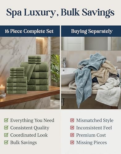 LANE LINEN Luxury Cotton Bath Towel Pack of 16 - Softer, Highly Absorbent & Durable - 4 Bath, 8 Wash cloths, 4 Hand Towels for Bathroom - Premium Look, Spa Quality, Solid Dyed Towels - Oil Green - color: 15: Oil Green