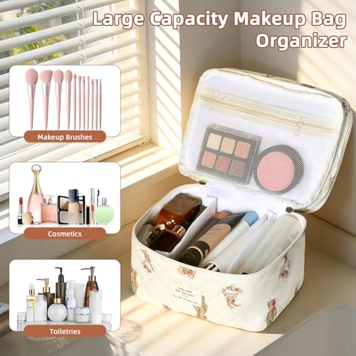 Gosect Makeup bag, Large Cosmetic Bag for Women Girls, Cute Quilted Makeup Bags, Floral Coquette Aesthetic Toiletry Bag, Travel Make Up Organizer Bag (Bear) - color: Bearr