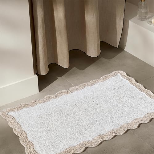 Cotton Scalloped Bathmat with Antiskid 20"x32" Beige – 100% Cotton Scalloped Bath Mat, Anti Skid, Soft & Absorbent Bathroom Rug for Shower, Tub & Entryway - color: Beige, size: 1'8" x 2'8" (Rectangular)