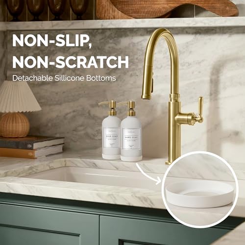 Vine Creations White Glass Soap Dispenser, 2 Pack Kitchen Soap Dispenser Set with Stainless Steel Pump, 16 oz Dish Soap and Hand Soap Dispensers for Bathroom with Waterproof Labels - color: Matte White Bottle / Brushed Gold Pump