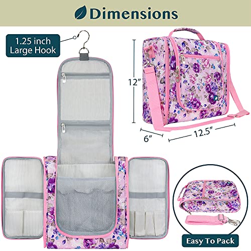 PAVILIA Extra Large Toiletry Bag Travel Bag for Women Men, Hanging Cosmetic Organizer, Water Resistant Makeup Bag for Accessories Toiletries, Travel Essentials Kit (Floral Pink) - color: Floral Purple, size: Extra Large (12x6x12.5)