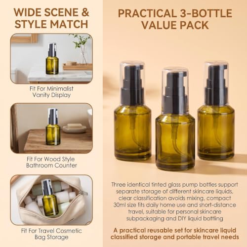 3 Pcs Green Glass Pump Bottles, Portable Travel Lotion Bottles, Refillable Cosmetic Dispenser Jars, Sample Trial Vials for Foundation Cream Gel Toiletries (30ml/1oz) - color: Green, size: 30ml/1oz