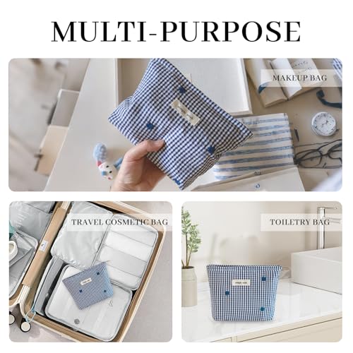 Wudygirl Makeup Bag Travel Cosmetic Bag for Women Small Makeup Pouch with Handle Zipper Cosmetic Pouch Handbag Aesthetic 8.3" x 5.9"(Navy Checkered) - color: Navy Checkered