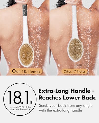 Back Scrubber Anti Slip for Shower: 18.1'' Long Handle Bath Brush with Stiff and Soft Bristles Body Exfoliator Wet or Dry Brushing for Women, Men, Elderly (Charcoal Gray) - size: Long Handle 18.1 in-Charcoal Gray
