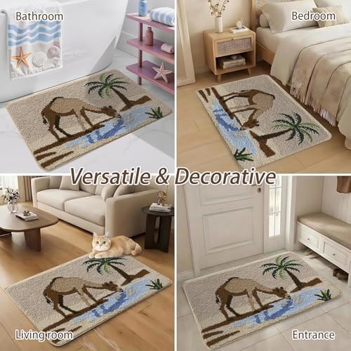 Bathroom Rug Mat, Desert Oasis Sunset Fluffy Rug with Camel & Palm Tree, Ultra Absorbent Microfiber Shaggy Door Mat, Quick Dry Bath Rug Carpet for Toilet Bathtub Bedroom 20x31 Inch - color: Beige