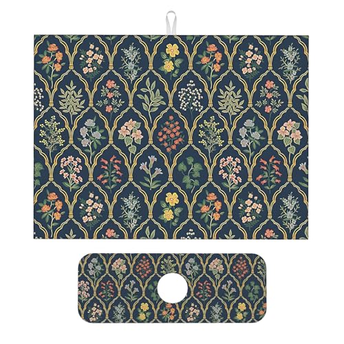 2Pcs Dish Drying Mats Faucet Mats Sets Large Size Coffee Mats Sink Faucet Mat Splash Guard for Kitchen Counter Bathroom Sink Coffee Bar Kitchen Decor (Vintage Flowers, 18"x24" 15" x 5.5"Set) - color: Vintage Flowers