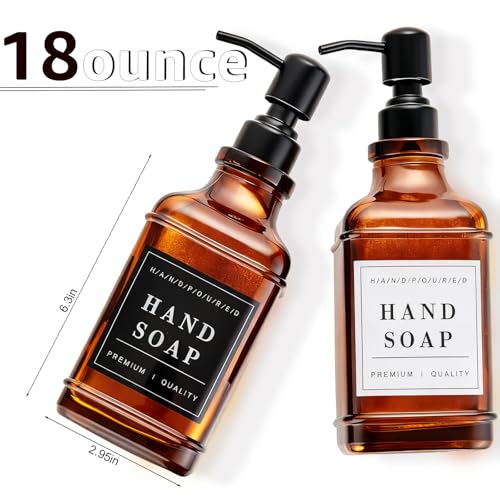 Amber Glass Soap Dispenser with Pump,Tray,Funnel, Countertop Soap and Lotion Dispenser Set of 2 with 60 Stickers, Dish and Hand Soap Dispenser Bottle for Kitchen,Bathroom,Shower,500ml/16.9oz - color: Blk-5070-2b