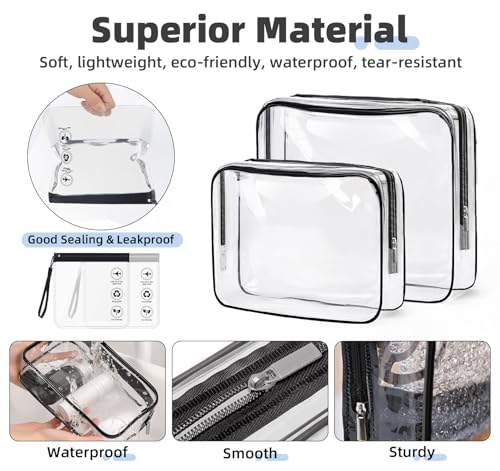ABSOFINE Clear Toiletry Bag for Travel Size Toiletries, 4 Pack Large Waterproof PVC Makeup Bags with 2 Pack Airport Security Liquids Bags, Travel Essentials toiletry Bottles for Women Girls Men