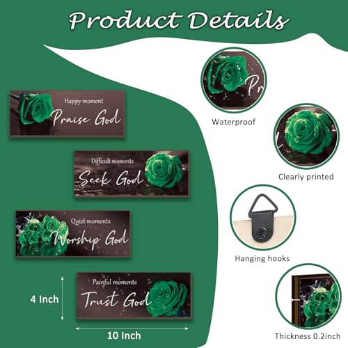 ONIZHITY 4Pcs Green Bathroom Decor Religious Wall Art Bible Verse Inspirational Rose Wall Decor Rustic Wooden Christian Sign for Home Bathroom Office Bedroom Living Room Kitchen(Green 10x4) - color: Green Rose