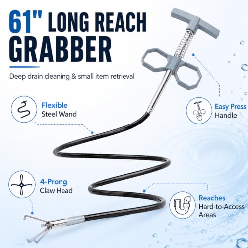 61 Inch Drain Snake Upgraded Ergonomic Grip – Toilet Snake Flexible Grabber Claw for Clog Remover & Pick Up Small Items - color: 63'' Bule Drain Snake