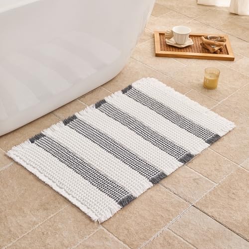 Waffle Bath Mat Non Slip, Boho Bathroom Rug, Super Absorbent Quick Dry Bathroom Mat, Soft Farmhouse Bath Rug with Tassels, Small Washable Shower Mats for Floor 20"x32", White and Grey - color: Grey and White, size: 1'8" x 2'8" (Rectangular)