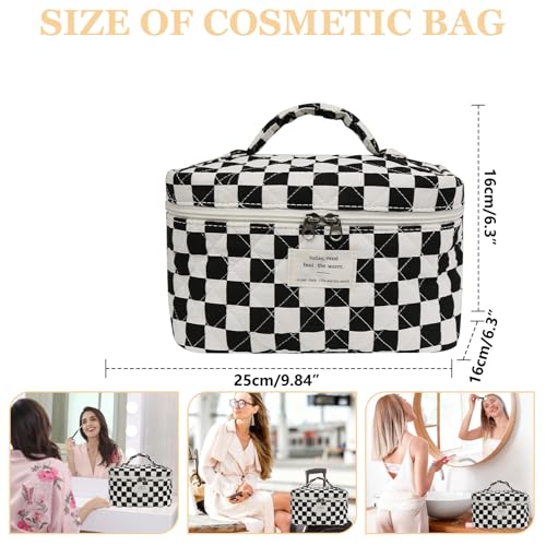Gosect Large Makeup Bag, Cute Cosmetic Bag for Women Girls, Floral Coquette Aesthetic Toiletry Bag, Travel Make Up Organizer Bag (Black Checkered) - color: 079Black Checkered