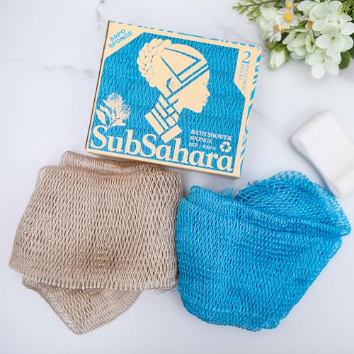 SubSahara Authentic African Net Sponge - 2 Pack Exfoliating Bath & Shower Loofah Sponge for Body & Face, Gentle Scrubber for All Skin Types, Travel, Durable (Linen & Sky Blue) - color: Linen & Sky Blue