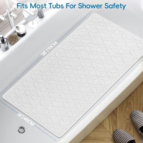 Bathtub Mat Non Slip with Suction Cups - 100% Rubber Bathroom Mat Textured for Bath Tub Shower Safety - Soft on Touch - BPA/PVC Free - Pet Dog Bath Mat - Machine Washable - 16 × 28 Inch（White） - color: White (Opaque), size: 28" x 16" (Rectangular)