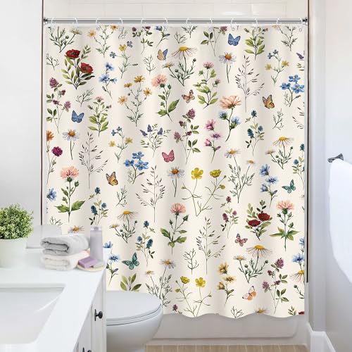 Vintage Floral Shower Curtain 72Wx78H Inch Long Rustic Spring Wildflower Botanical Flower Pretty Cute Herbs Butterfly Bathroom Set Elegant Aesthetic Bath Curtain Bathtub Accessories Home Decor - color: D 01 Beige, size: 72"W x 78"L (Pack of 1)