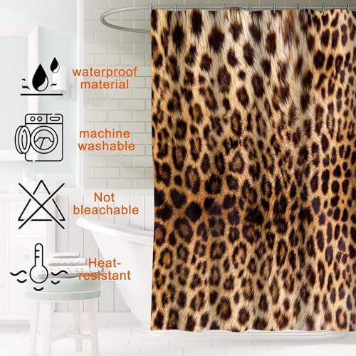 4 PCS Leopard Shower Curtain Cheetah Print Shower Curtain Sets Non Slip Bathroom Rugs Soft Plush Bath Mat Toilet Lid Cover Animal Print Shower Curtain with 12 Hooks for Bathroom Tub, Brown - color: Brown