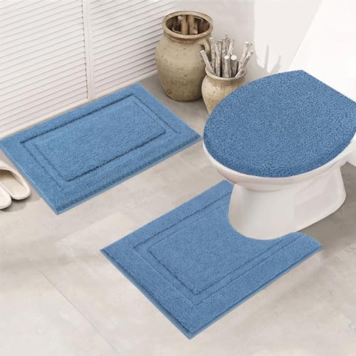 SHACOS Bathroom Rugs Sets 3 Piece with Toilet Lid Cover | 20"x32"Bath Mat and 20"x24" U-Shape Contoured Toilet Mat Machine Washable Shaggy Absorbent Bath Rugs(Blue) - color: Blue, size: 20"x32"+U-Shape 20"x24"+Lid Cover 19"x21"