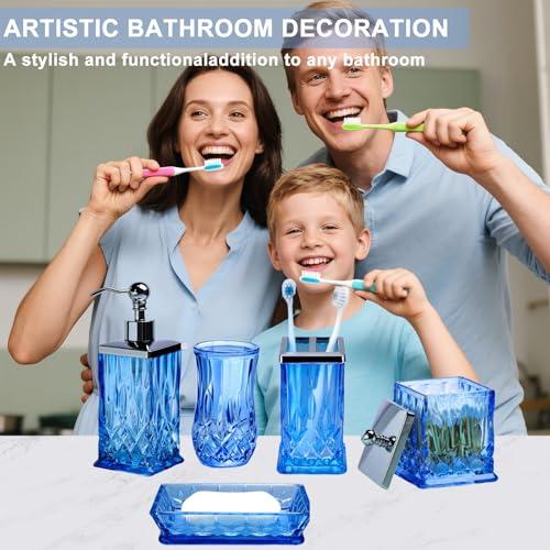 Bathroom Accessories Set,5 Pcs Blue Glass Bathroom Accessory Set,Complete Lotion Soap Dispenser, Toothbrush Holder,Soap Dish,Tumbler & Jar,Modern Bathroom Decor Sets Gift,Square - style: Square(Blue)