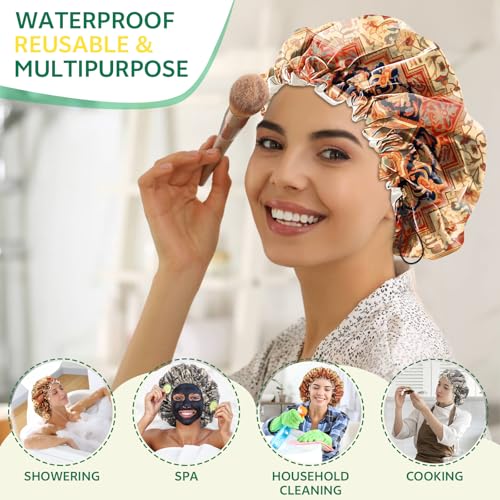2 PCS Shower Cap Waterproof Double Layer Elastic Adjustable Reusable Hair Bath Caps for Girls Women Cute Aesthetic-Red - color: G1-Red