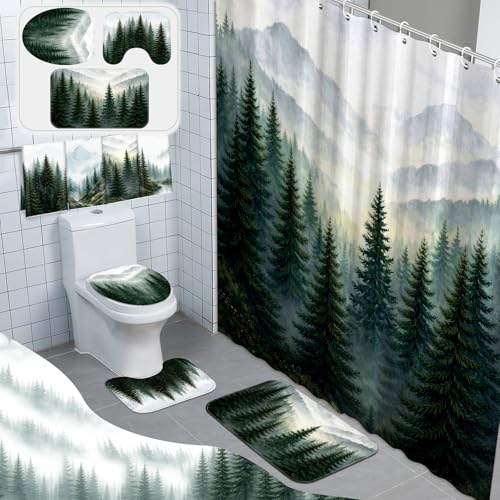 FuWeave 8 Pcs Green Forest Shower Curtain Set for Bathroom Decor Include Nature Misty Mountain Woodland Shower Curtain Towels Non Slip Rugs Toilet Lid Cover Bath Mat and 12 Hooks for Bathroom Decor - color: Green Forest