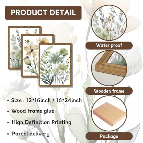 Wood Framed Sage Green Botanical Wall Art Set of 3, Boho Floral Canvas Wall Decor Paintings, Minimalist Flower Posters Prints Pictures for Bedroom Bathroom Living Room Home Decor 16x24 Inch - color: Sage Green, size: 24"L x 16"W