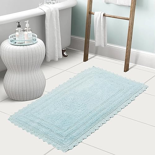 TreeWool 2-Pack Gorjeeus Collection Soft Reversible Bathroom Rug Cotton Bath Mat Set with Crochet Border - Rectangle (19" x 26"; Sky Blue) - color: Sky Blue