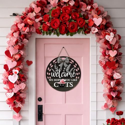 Interchangeable Seasonal Welcome Hanging Sign - Farmhouse Front Door Decoration for Holidays - Rustic Round Wood Wreaths with 12 Icons – Welcome Cat Lover(Black) - color: catsblack