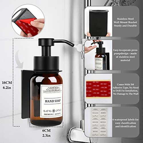 Glass Soap Dispenser with Pump and Wall Mount Holder,8.5 Oz Shampoo and Conditioner Dispenser with Waterproof Labels(Brown) | 2 mounting options: screws and no-drill glue included; leakproof pump with waterproof conditioner labels. - color: Amber Set of 1