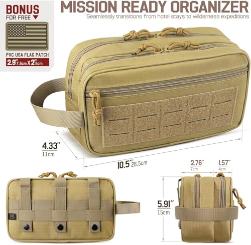 RXW EDC Toiletry Bag for Men, Tactical Dopp Kit, Molle Pouches Compact Travel Organizer for Shaving Shower, Hygiene, Grooming (Includes Dry/Wet Compartment & US Flag Patch) - color: Khaki