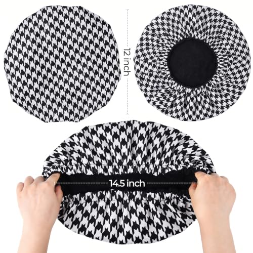 Shower Cap for Men Black Bath Cap, Reversible Terry Lined Large Waterproof Adjustable Shower Caps Elastic Band Stretch Hem Hair Hat for braids - color: Black Houndstooth