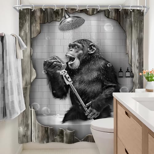 Newsely Funny Monkey Shower Curtain 72Wx72L Inch Black White Animal Chimpanzee Singing in Bathtub Modern Cool Wooden Bathroom Set Men Kids Boy Waterproof Bath Decoration Accessories Home Decor - color: H-monkey, size: 72"W x 72"L (Pack of 1)