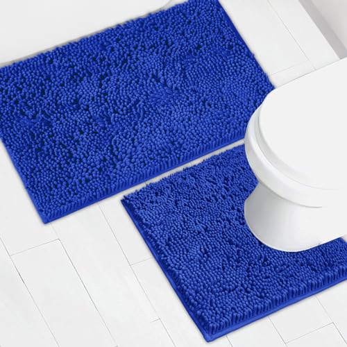 Bathroom Rugs Chenille Bath mat 2 Piece Set, Super Absorbent, Strong PVC Non Slip Backing, Bath mats for Bathroom, Plush Shaggy, Thick, Machine Washable, Bathtub, Toilet.(Royal Blue) - color: Royal Blue, size: 20''×20''U-Shape+20''×32''